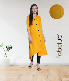 Fabclub Women's Rayon Solid Plain Asymmetric A-Line Designer Kurti (Mustard Yellow)
