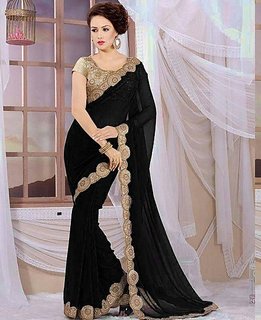 black guerjet lace heavy saree with blouse piece