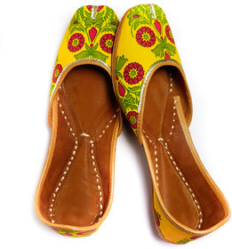 TMN Yellow-Red Flowers  Stylish Ethnic Leather Juttis for Women (VMF003)
