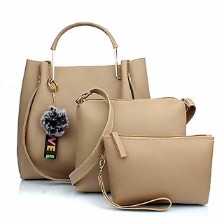 TMN Cream Combo of Handbag with sling bag and Cosmetic Pouch-CB-CRM3