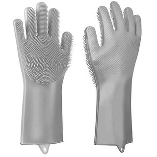 Alciono  Gray Dishwashing Gloves with Scrubber, Silicone Cleaning Reusable Scrub Gloves for Wash Dish,Kitchen Pack of 1