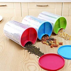 Transparent Plastic 3 Section Lock Food Storage Dispenser Airtight Container Jar for Cereals, Snacks, Pulses set of 3