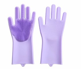 Jolly Gloves Puple  Magic Dishwashing Gloves with Scrubber, Silicone Cleaning Reusable Scrub Gloves for Wash Dish Pack 1
