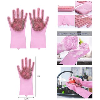                       Jolly Gloves Pink Magic Dishwashing Gloves with Scrubber, Silicone Cleaning Reusable Scrub Gloves for Wash Dish,Pack 1                                              