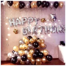 Happy Birthday Silver (13 Letter)Foil+ 2 Star Foil (10 Inch)(Gold)+ 30 Pcs Balloons (Silver , Golden,Black)