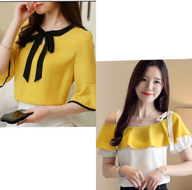 Raabta Fashion Mustard Tie Top And White Off Shoulder Top With Yellow Frill