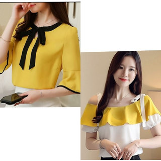 Raabta Fashion Mustard Tie Top And White Off Shoulder Top With Yellow Frill