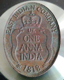 1818 HALF ANNA EAST INDIA COMPANY FLYING HANUMAN JI STOP WATCHER MAGNETIC RARE SMALL LIBBO COIN