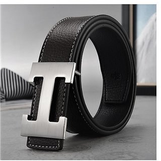 Samm and Moody PU Leather Black Belt with Silver-Tone H Buckle (Cut To Fit Size upto 28-36)