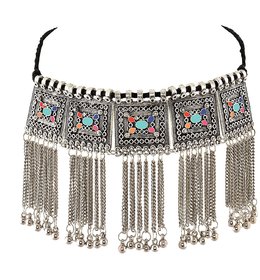 sparkle  Jewellery Oxidised Silver-Plated Floral Stone-Studded Afghani Necklace