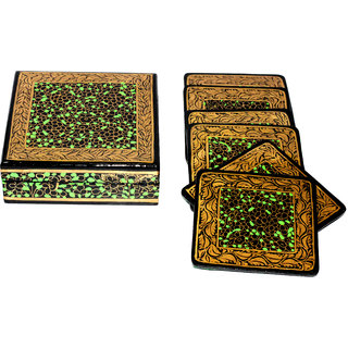 Hand Painted Kashmiri Paper Mache Decorative 6 Square Tea Coaster Set with Box