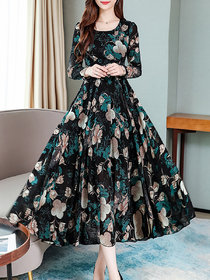 Raabta Black Flower Print With Full Sleeve Dress 0107