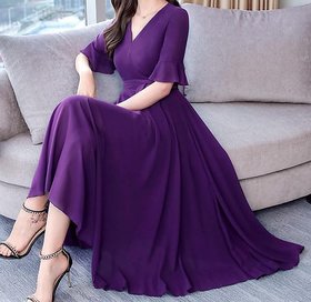 Raabta Dark Purple V-Neck Dress With Knotes 0104