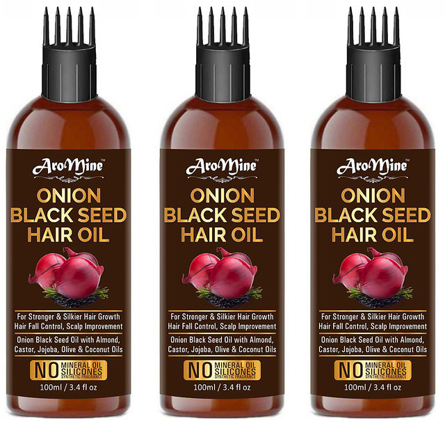 Buy AroMine Onion Black Seed Hair Oil for Hair Growth Hair Fall Protection  300ml( Each 100ml) Online @ ₹489 from ShopClues