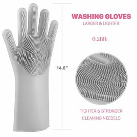 Reusable Silicone Dishwashing Gloves, Pair of Rubber Scrubbing Gloves for Dishes, Wash Cleaning Gloves with Sponge Scrub