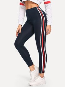 Women's / Girls Side 3 White Red White Stripes Blue Colour Tights Legging For Yoga Gym And Active Sports