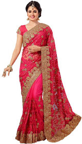 Tiana Creation Pink Embroidered Net Saree With Blouse