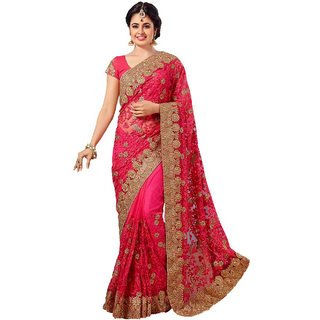 Tiana Creation Pink Embroidered Net Saree With Blouse