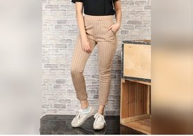 Women's Girl's Beige Color Vertical Lining Printed Stretchable Pant's / Jeggings /Gym /Yoga /Casual /Sport's Wear
