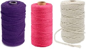 Cotton Rope for Wall Hanging Plant Hangers Crafts Knitting Decorative Projects Soft (3 Colors Combo Purple Pink  White)
