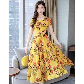                      Raabta RWD-01030 Mustard Flower Print Dress                                              