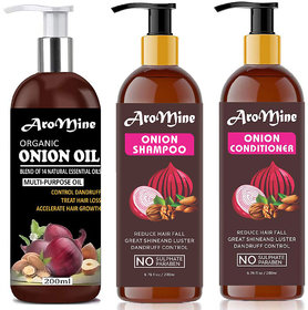 AroMine Organic Onion Hair Oil Combo Kit - Onion Hair Oil 200ml, Onion Shampoo 200ml,  Onion Conditioner