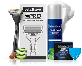 LetsShave Pro 4 Razor Trial Kit for Men - Pro 4 Blade + Razor Handle + Razor Cap + Shave Foam - 200 gm