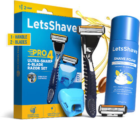 LetsShave Pro 4 Razor Trial Kit for Men - Pro 4 Blade + Razor Handle + Razor Cap + Shave Foam - 200 gm