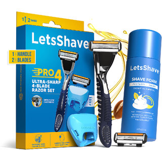 LetsShave Pro 4 Razor Trial Kit for Men - Pro 4 Blade + Razor Handle + Razor Cap + Shave Foam - 200 gm