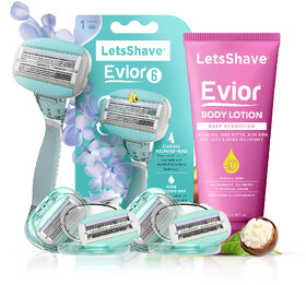 LetsShave Evior 6 Body Razor Value Kit for Sensitive Skin - Pack of 4 Evior 6 Blades + Razor Handle + Shave Gel - 200 ml
