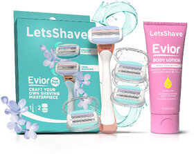 LetsShave Evior 6 Body Razor Value Kit for Sensitive Skin - Pack of 4 Evior 6 Blades + Razor Handle + Shave Gel - 200 ml