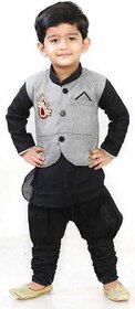 DIGIMART Black Color Cotton Blended Kyrta Pyjama With Grey Waistcoat Set For Boys