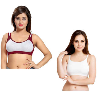 AB06 Low Impact Cotton Sports And Cemi Bra Combo Bra - Non-Padded  Wirefree for Women & Girls Maroon & White:-30