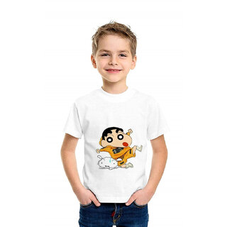 Boy's  Girl's Shinchan and Shiro Cartoon Printed White T-Shirt