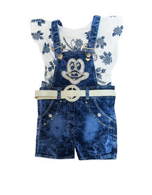 Wonder Star Baby girls Half Sleeves Denim Dungaree with Soft Cotton T-shirt Hosiery Dress (Blue, 12-24 Months)