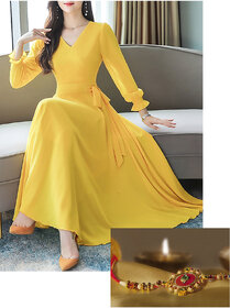 Vivient Women Yellow V-neck Long Dress Raakhi Combo