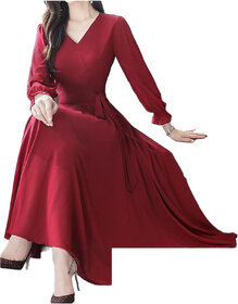 Vivient Maroon Plain V-Neck A Line Dress For Women