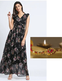 Vivient Women Black Red Floral Printed Long Dress Raakhi Combo