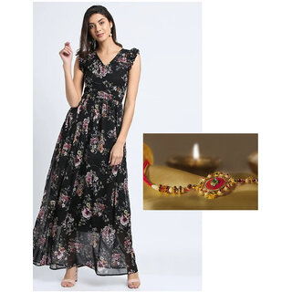 Vivient Women Black Red Floral Printed Long Dress Raakhi Combo