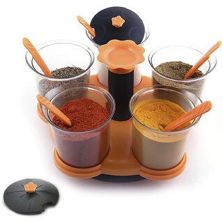                       Silver Shine Multipurpose Pickle Aachar With Kitchen Jar  Container Spice Rack (5 PCS SET,With Spoon Assorted Color)                                              