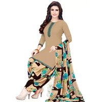 Synthetic Beige Printed Crepe Leon Unstitched Salwar Suits Dress Material With Dupatta By SVB Saree
