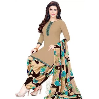 Synthetic Beige Printed Crepe Leon Unstitched Salwar Suits Dress Material With Dupatta By SVB Saree