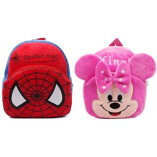 PROERA Minnie And Spiderman Velvet Nursery Bag Combo (Red  Pink) - 14 Inches(Unisex)