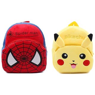 PROERA Spiderman And Pikachu Velvet Nursery Bag Combo (Red  Yellow) - 14 Inches(Unisex)