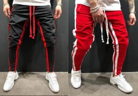 Ruggstar branded cotton trackpant(Black Red 8 Patti +Red 8 patti) pack of 2