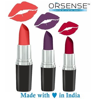                       Orsense Super Matte Lipstick with Multi Color Combo Set of 3 30gm                                              