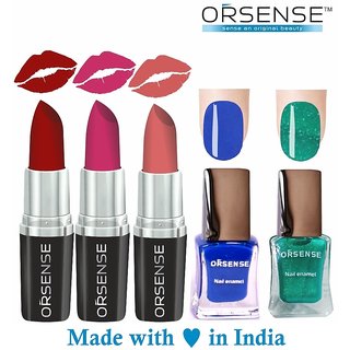                       Orsense Super Matte Lipstick And Nail Enamel Combo Set of 5 70gm                                              