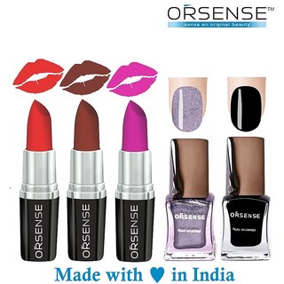                       Orsense Super Matte Lipstick And Nail Enamel Combo Set of 5 70gm                                              