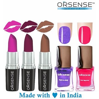 Orsense Super Matte Lipstick And Nail Enamel Combo Set of 5 70gm Orsense Super Matte Lipstick And Nail Enamel Combo Set of 5 70gm