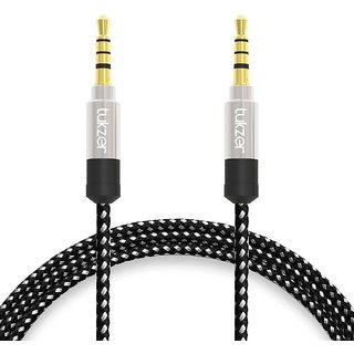 Tukzer Nylon Braided Premium 3.5mm Aux Audio Cable for Car (Silver Black)